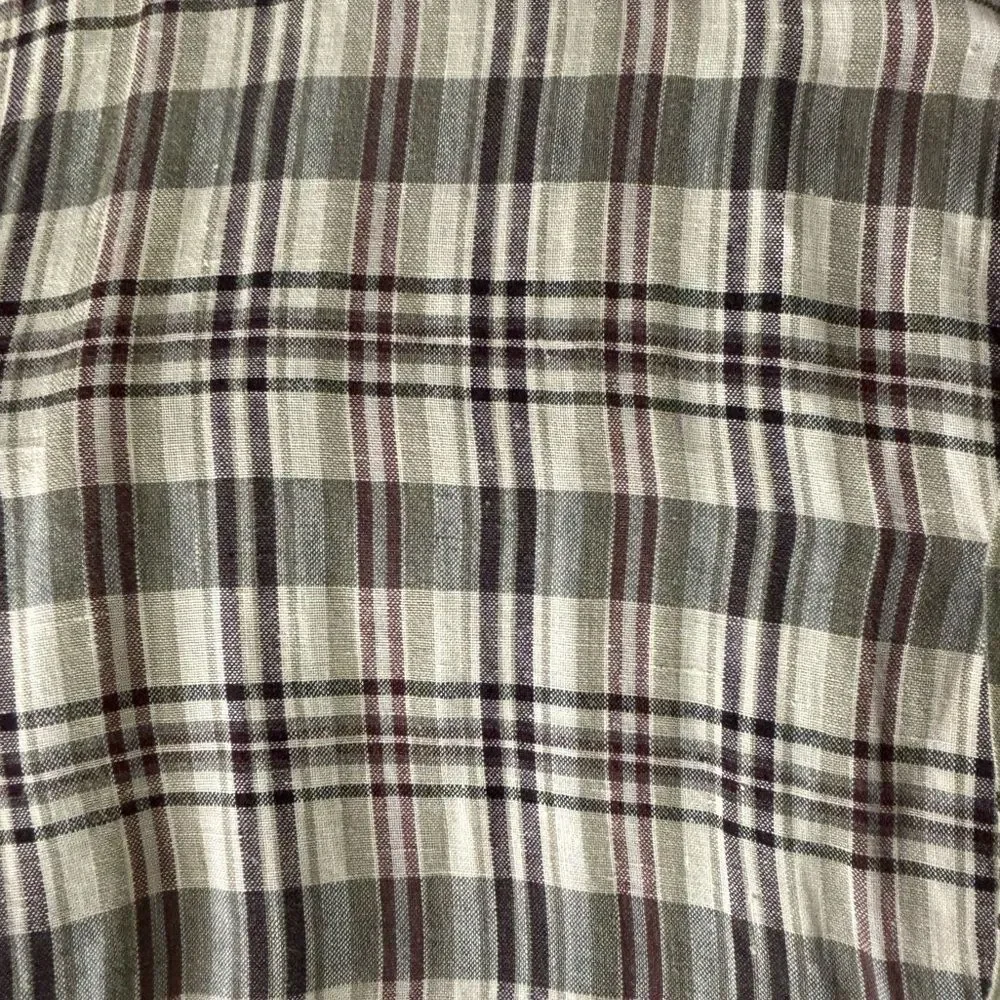 Banana Republic Cream Tan Burgundy Plaid Classic 100% Irish Linen Button Up M